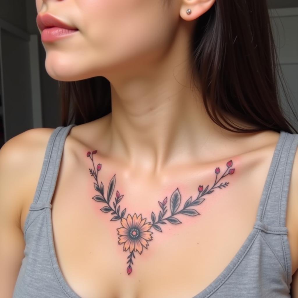 Hình xăm hoa nhỏ ở xương quai xanh nữ tính quyến rũ