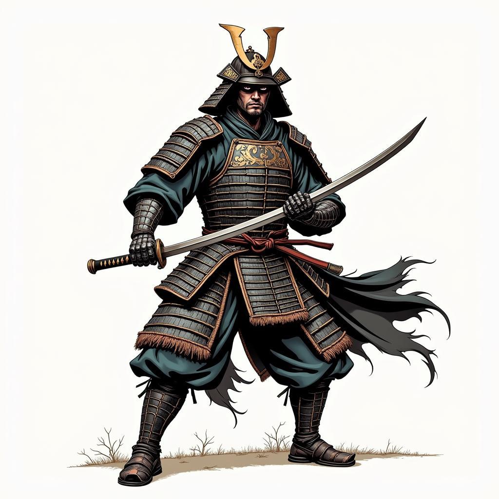 Hình ảnh võ sĩ Samurai Nhật Bản mạnh mẽ, trang bị áo giáp và kiếm katana, biểu tượng của sức mạnh và danh dự
