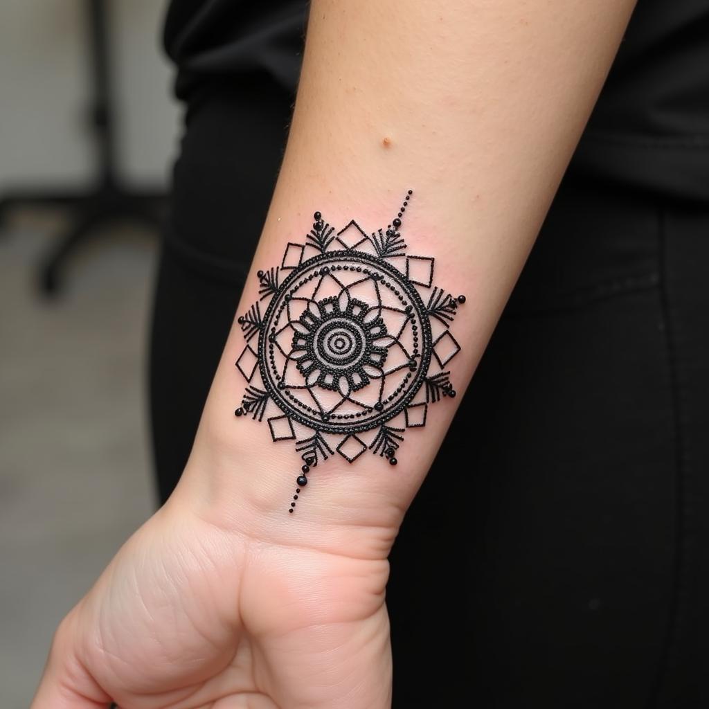 Hình xăm dotwork nữ hoa tiết mandala chấm bi trên cổ tay