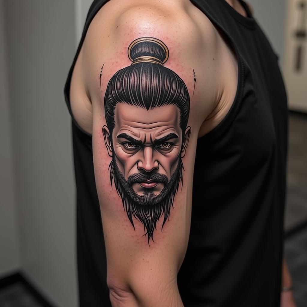 Hình xăm Hắc Bạch Vô Thường nửa người ở bắp tay nam thể hiện sức mạnh.