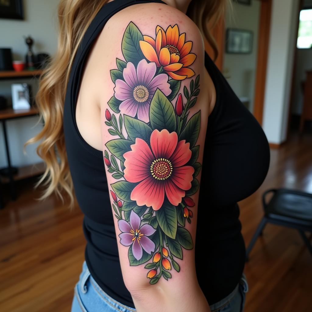 Hình xăm tay áo nữ với hoa lá màu sắc tươi sáng trải dài cánh tay