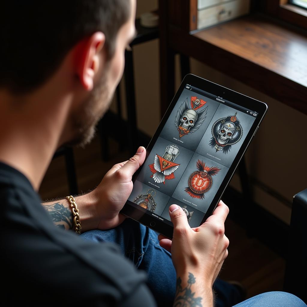 Khách hàng xem portfolio các tác phẩm xăm hình của nghệ sĩ Khách hàng xem portfolio các tác phẩm xăm hình của nghệ sĩ